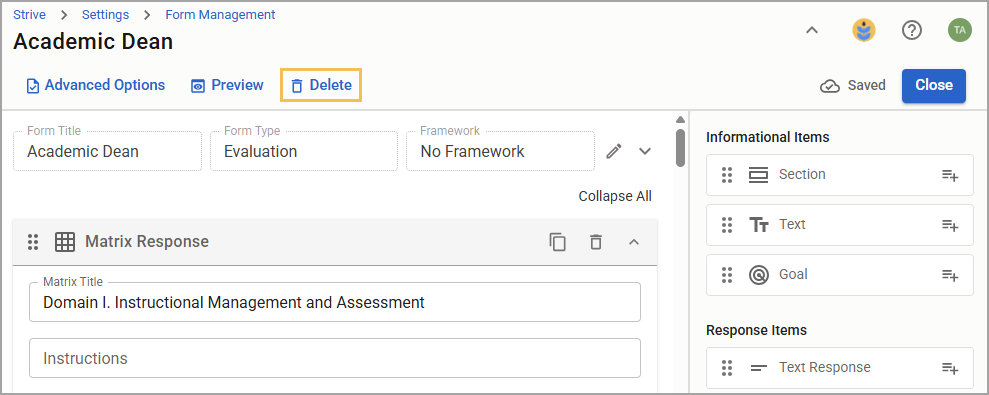 Form management interface for Academic Dean evaluation with delete option highlighted.